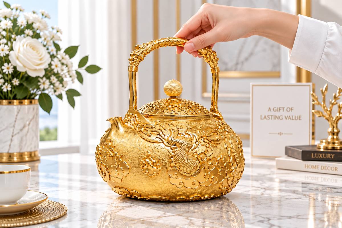 Ấm trà mạ vàng chạm khắc tinh xảo, thiết kế sang trọng. Ấm trà mạ vàng chạm khắc tinh xảo, thiết kế sang trọng.