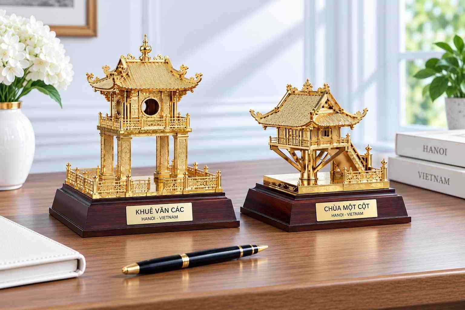 Mô hình Khuê Văn Các và Chùa Một Cột mạ vàng. Mô hình Khuê Văn Các và Chùa Một Cột mạ vàng.