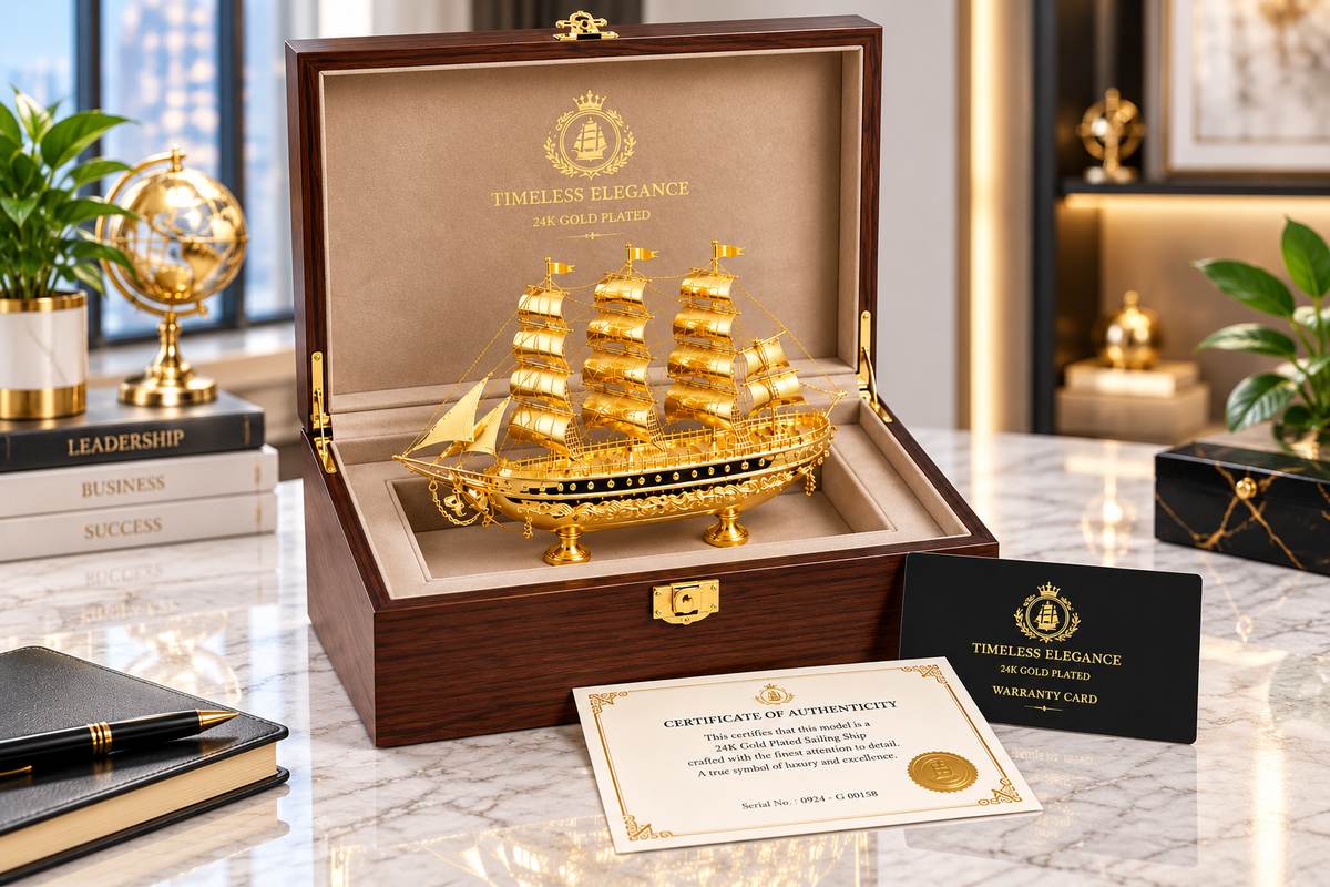 Mô hình thuyền buồm mạ vàng cao cấp trong hộp quà sang trọng. Mô hình thuyền buồm mạ vàng cao cấp trong hộp quà sang trọng.